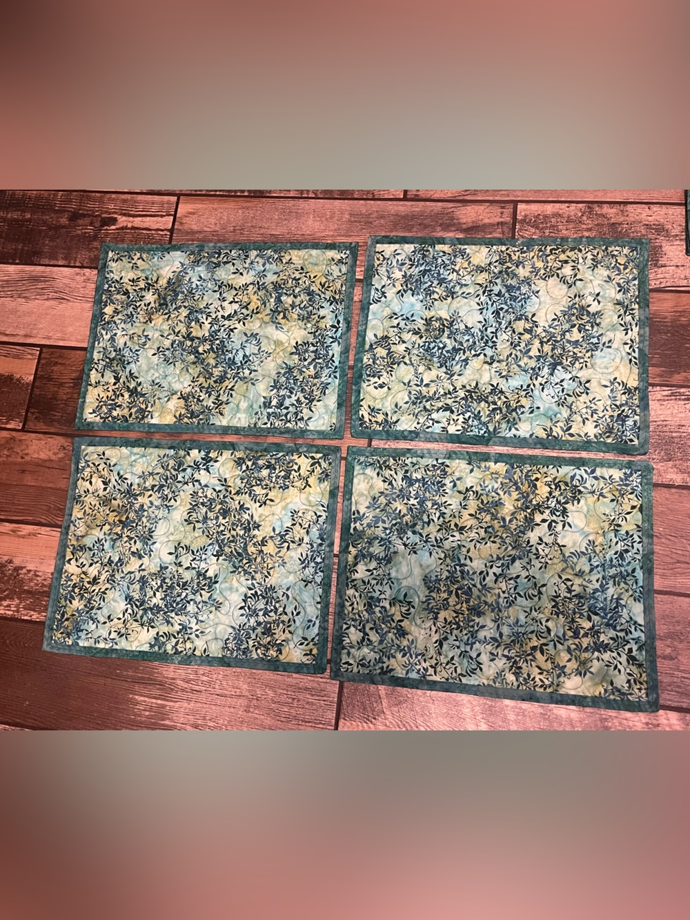 Set of 4 Quilted Placemats in Teal & Aqua Leaf Print